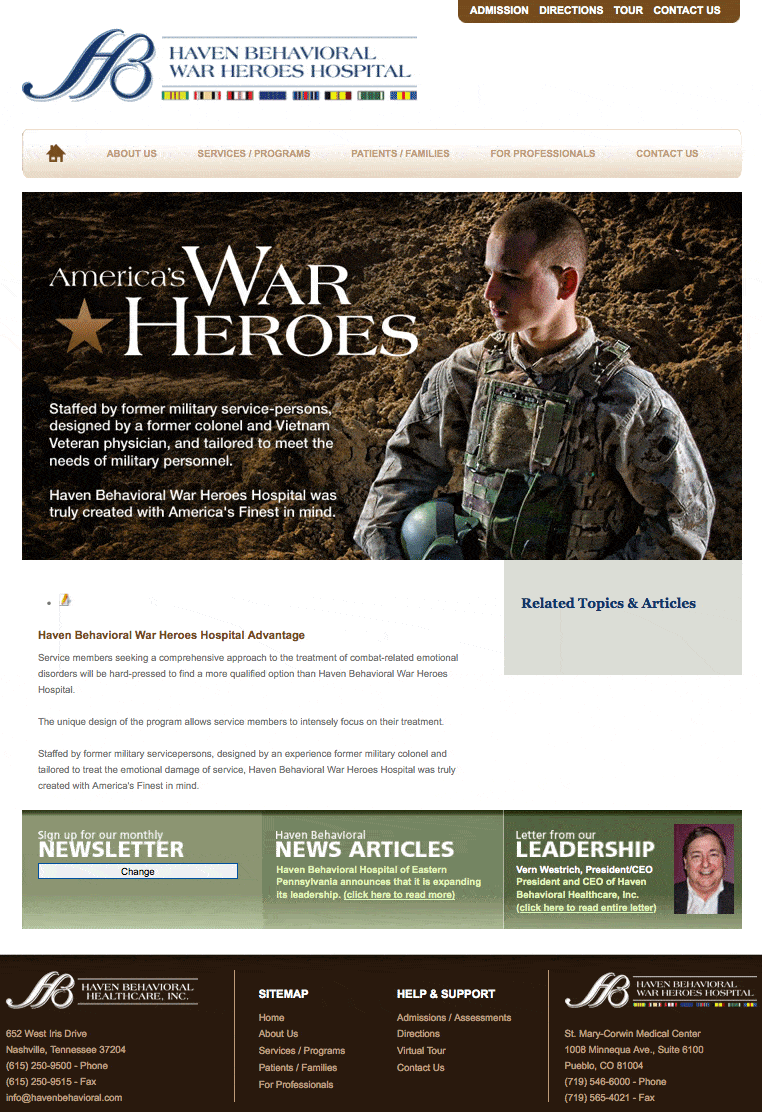 Haven War Heroes Treatment Hospital PTSD website development