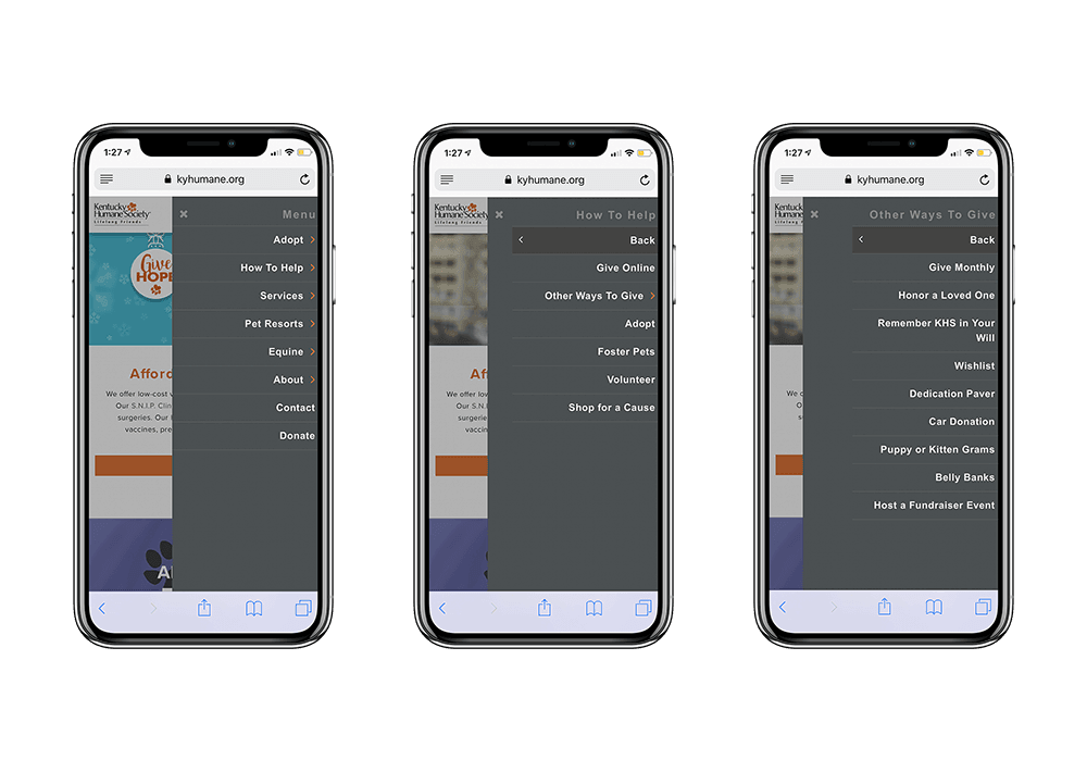 Ky Humane Society - Mobile Menu Mockups
