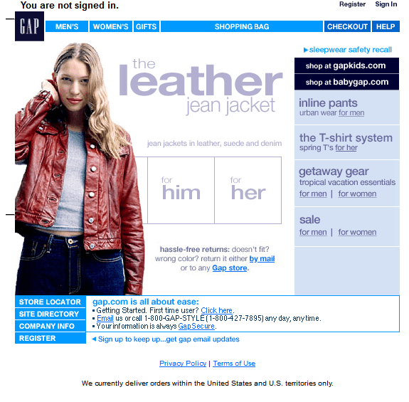 GAP website design in 2000