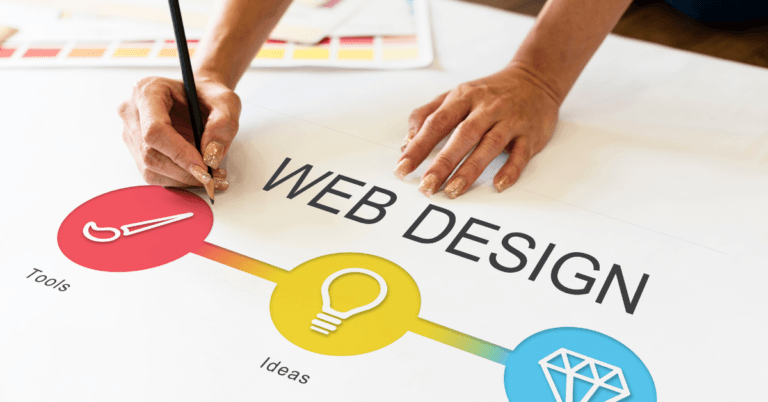 A woman with glittery nails works on a poster highlighting website needs for design, including tools and ideas.