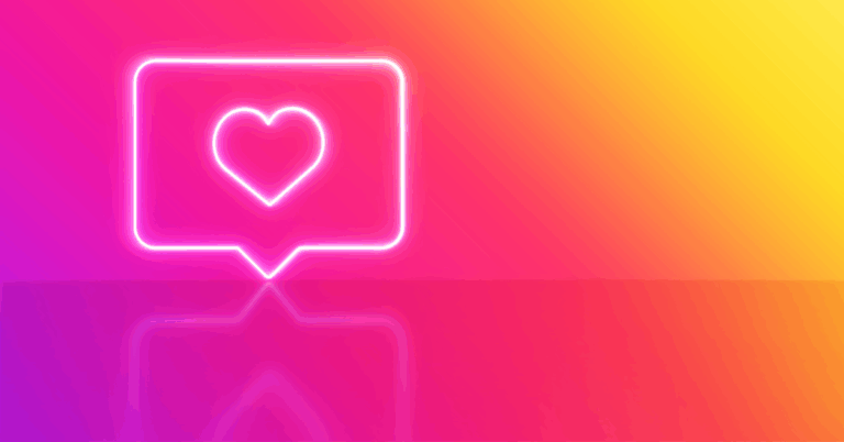 A neon square message icon with a heart inside, like what you would find on your Instagram grid, glows on a pink, orange, and yellow ombre background — also reminiscent of Instagram's brand colors.