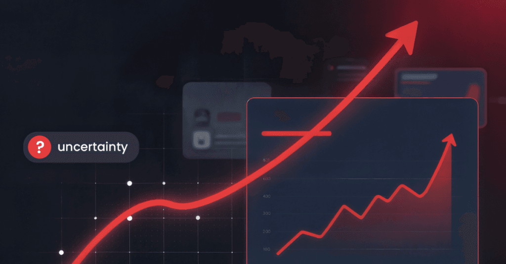 A digital illustration featuring a prominent, glowing red arrow pointing upward against a dark background, representing marketing growth.