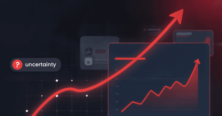 A digital illustration featuring a prominent, glowing red arrow pointing upward against a dark background, representing marketing growth.
