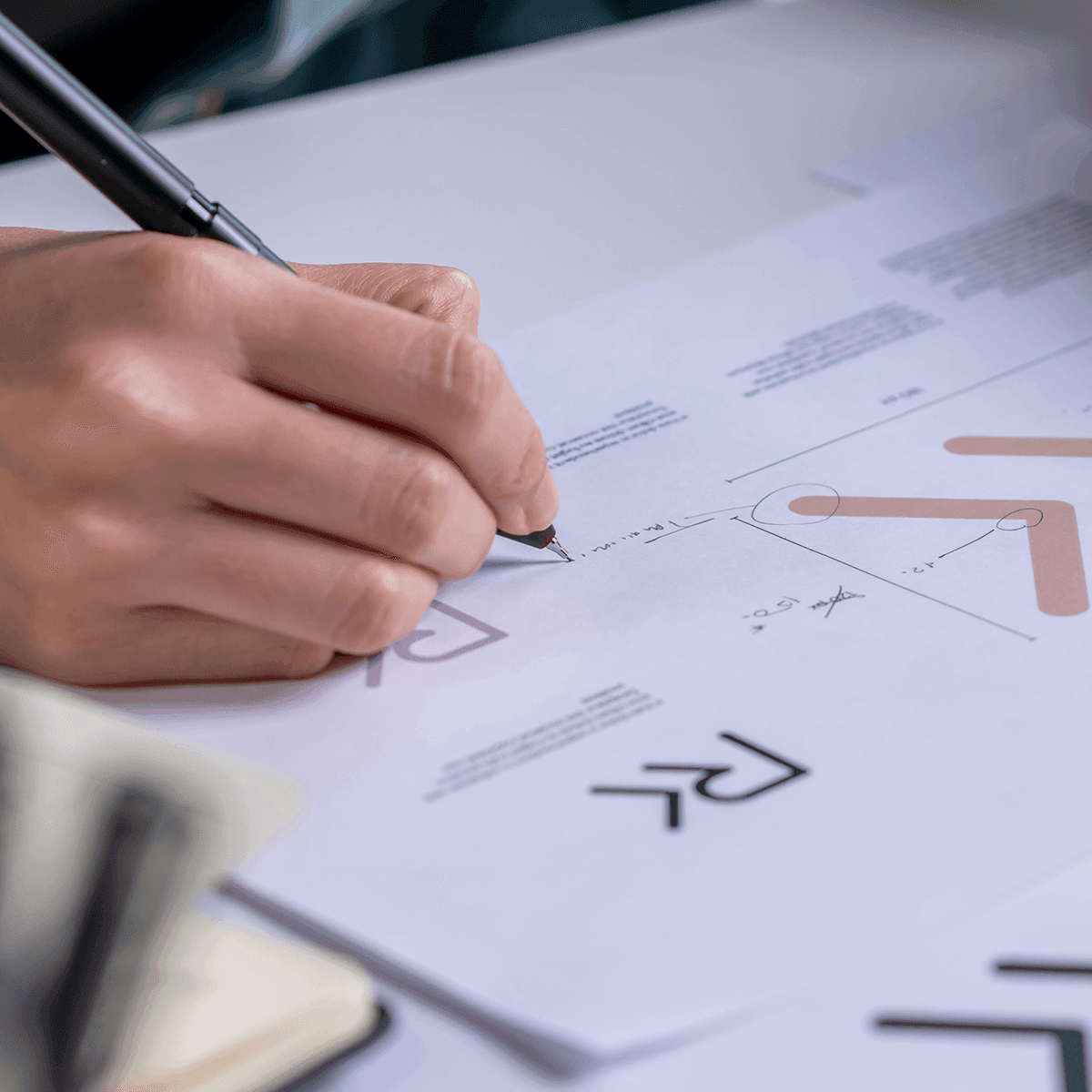 A person drawing on design documents, representing how Mediaura puts strategy and work into their data-driven corporate website redesigns.