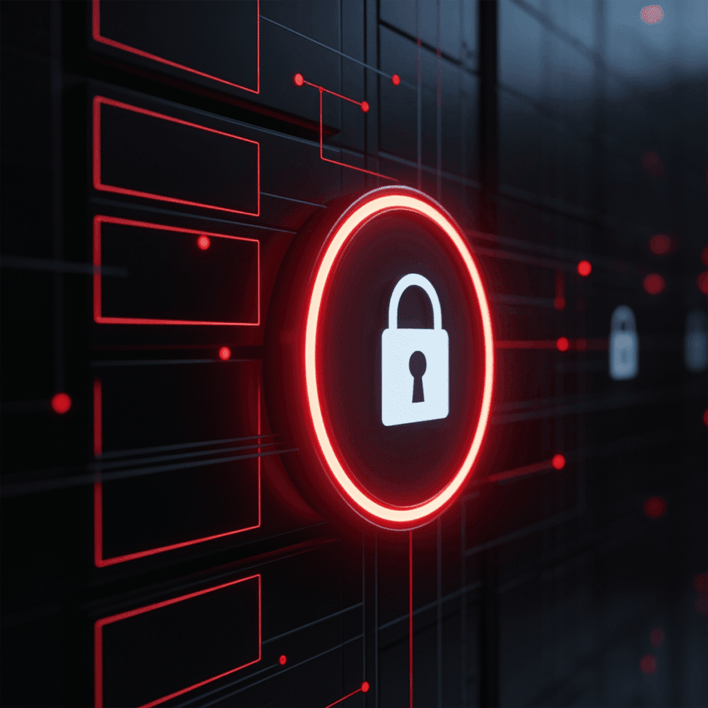 A lock, surrounded in a circle of red, representing the security of Mediaura's hosting and marketing technology integration.