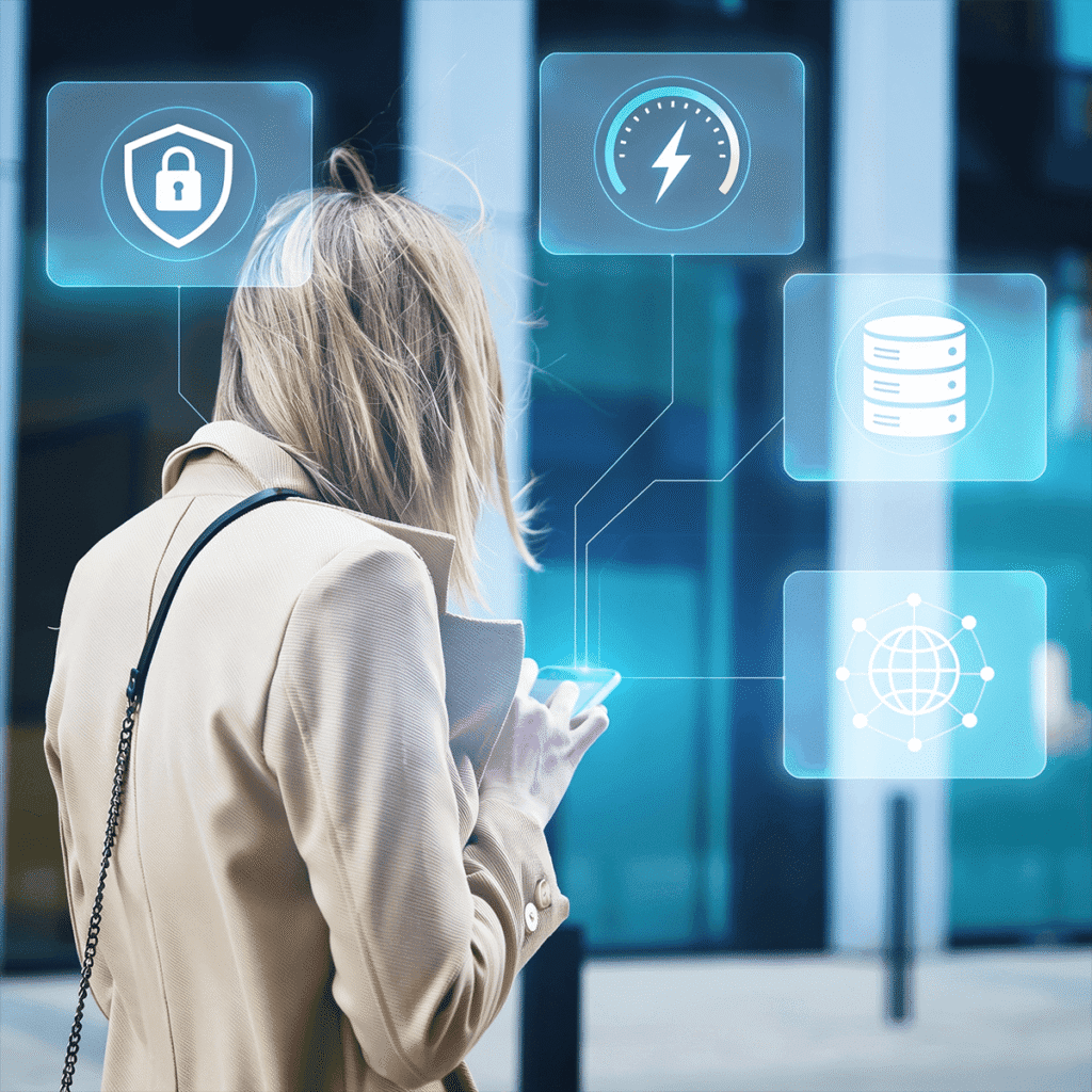 A woman in a coat walking down the street while on her phone, with security, charging, storage, and web icons surrounding her, representing the marketing technology integration she is using.