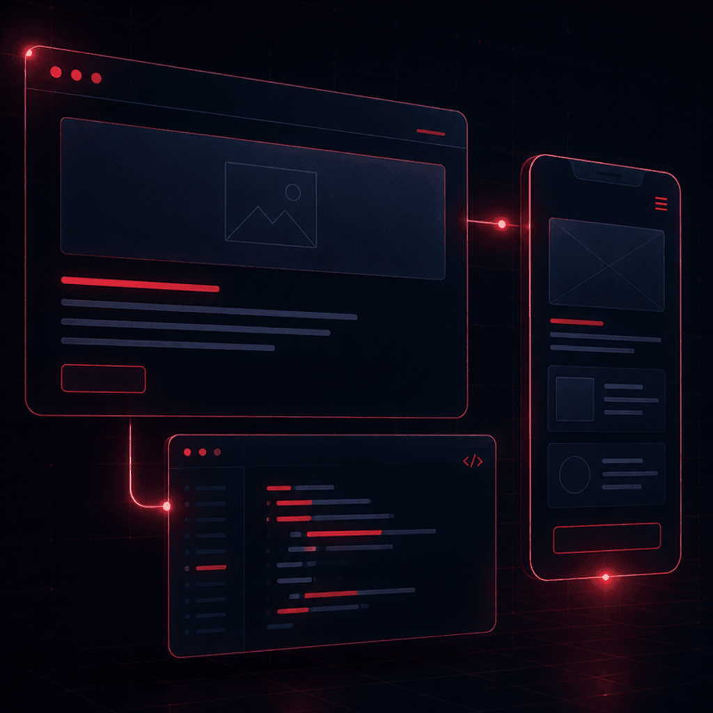 A futuristic platform with three windows of data, representing how enterprise web development and custom api integration services must be carefully and securely created.
