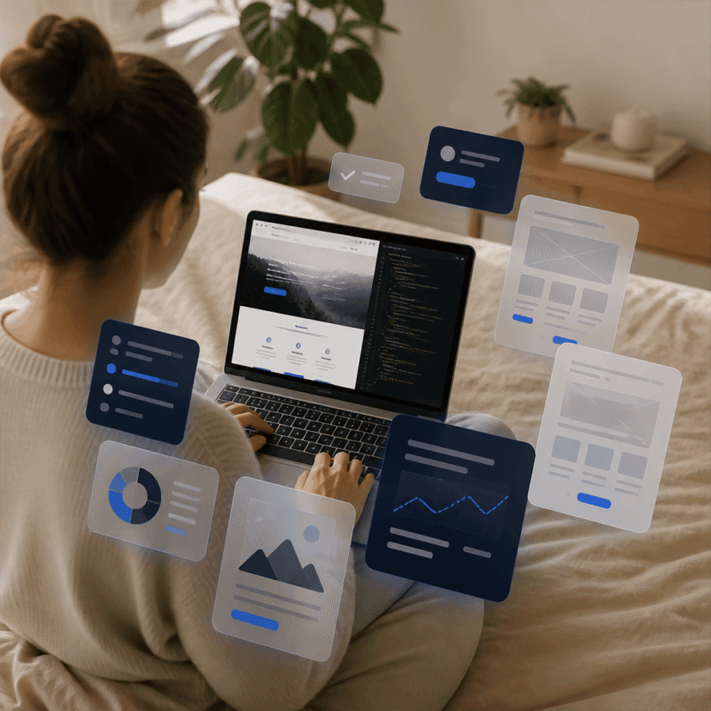 A woman on a laptop with data icons surrounding her, showing the data and management mediaura analyzes for each unique, custom enterprise web development service.