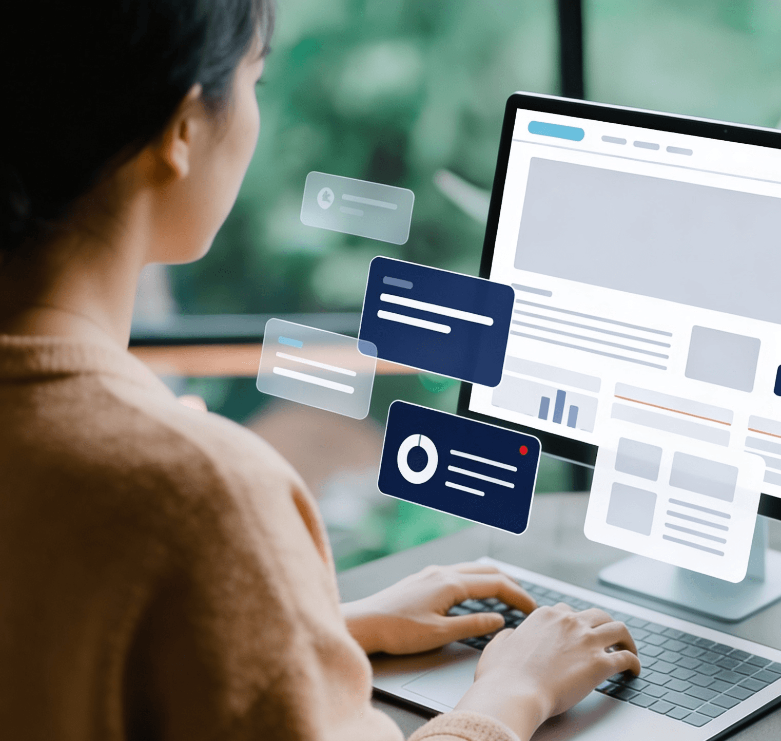 A woman on a desktop, graph and information icons about marketing analytics and reporting surrounding her.