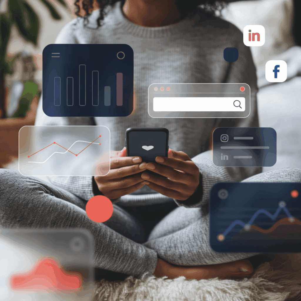 A person using their phone with charts, graphs, and social media icons around them, representing the importance of analytics in b2c and linkedin b2b social media marketing.