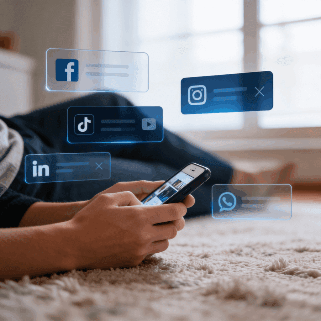 A person using their phone, with different social media icons surrounding them, showing that each has their own purpose in marketing. 