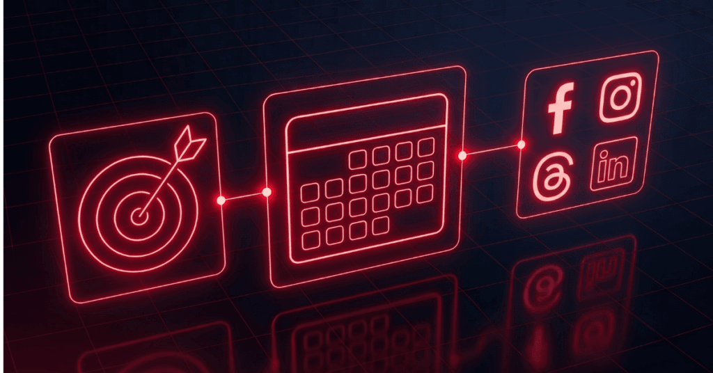 An image representing how the cost of professional social media management involves tailored strategy, not just posting, demonstrated with a black background and glowing red illustrations depicting social media icons, a calendar, and a bullseye.