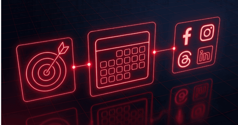 An image representing how the cost of professional social media management involves tailored strategy, not just posting, demonstrated with a black background and glowing red illustrations depicting social media icons, a calendar, and a bullseye.