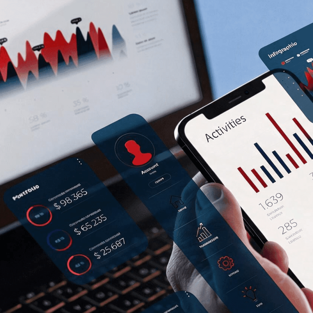A phone held above a laptop, both with call tracking reporting dashboards open.