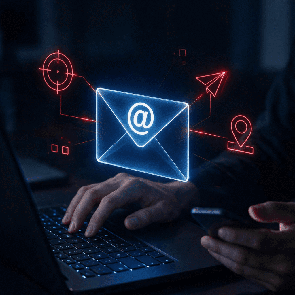 A person typing on a laptop, a mail icon surrounded by sent, location, and pin icons, floating above the laptop to represent automated email marketing.