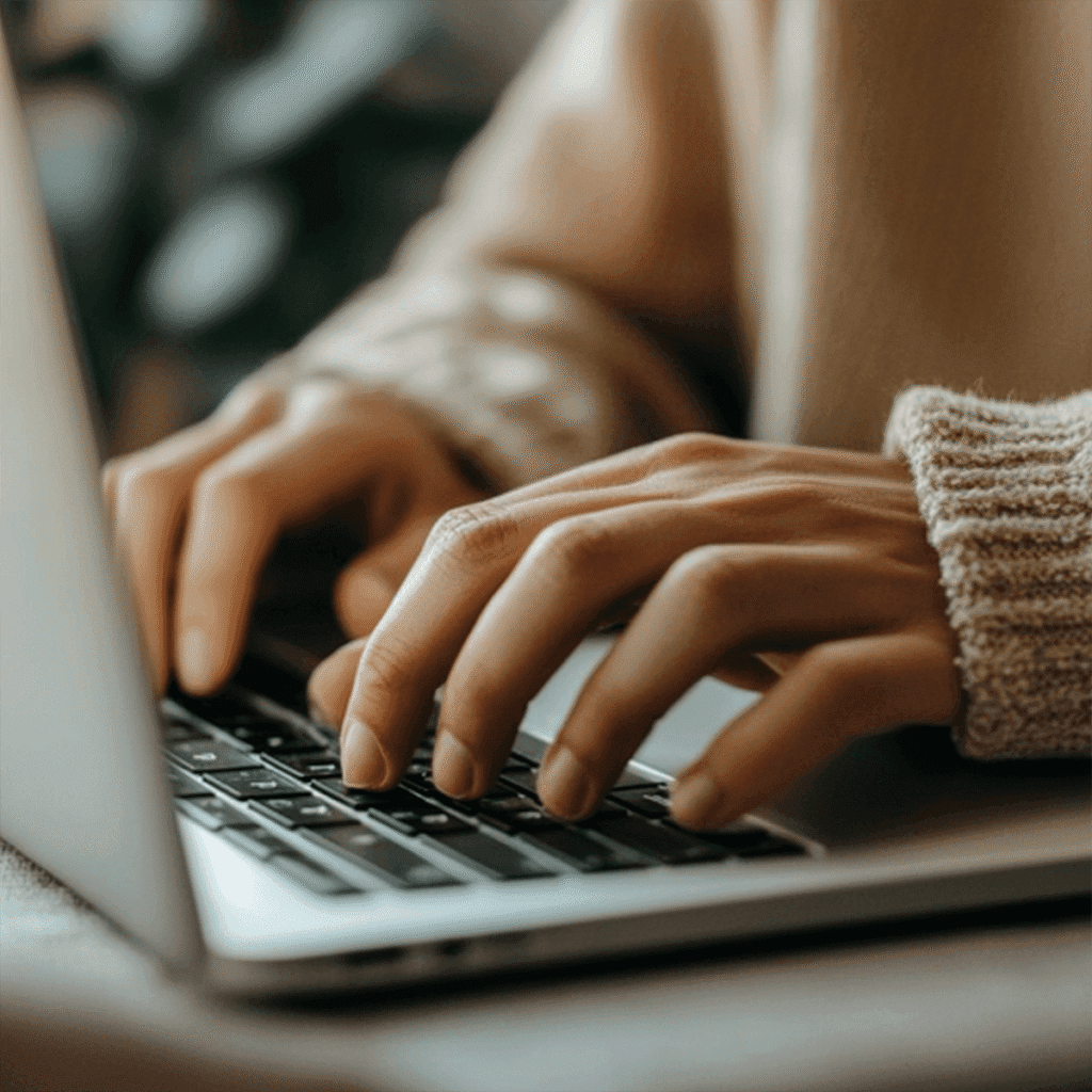 A woman in a sweater is typing on her laptop.