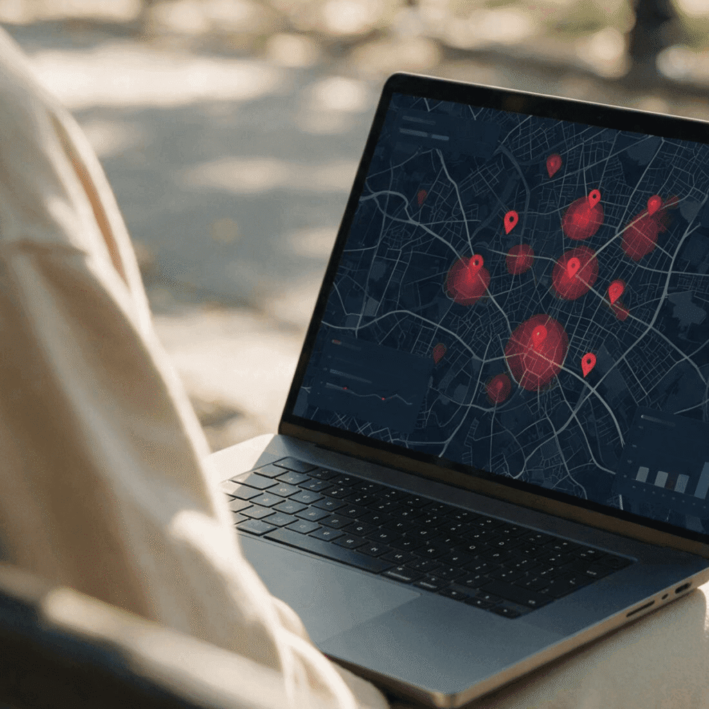 A person on their laptop at the park, looking into market research services and competitive intelligence services through locations on a map.