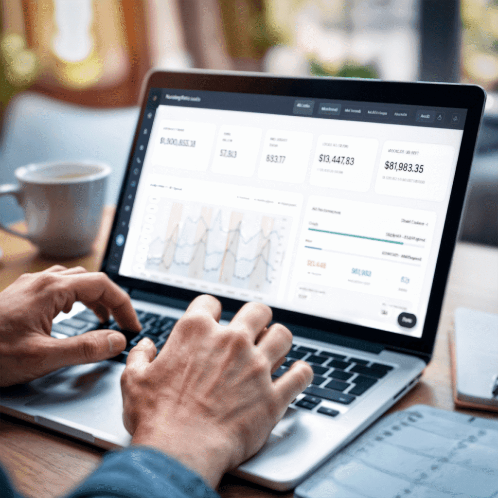 A man, typing on his laptop, is looking through the data tracking on his company.