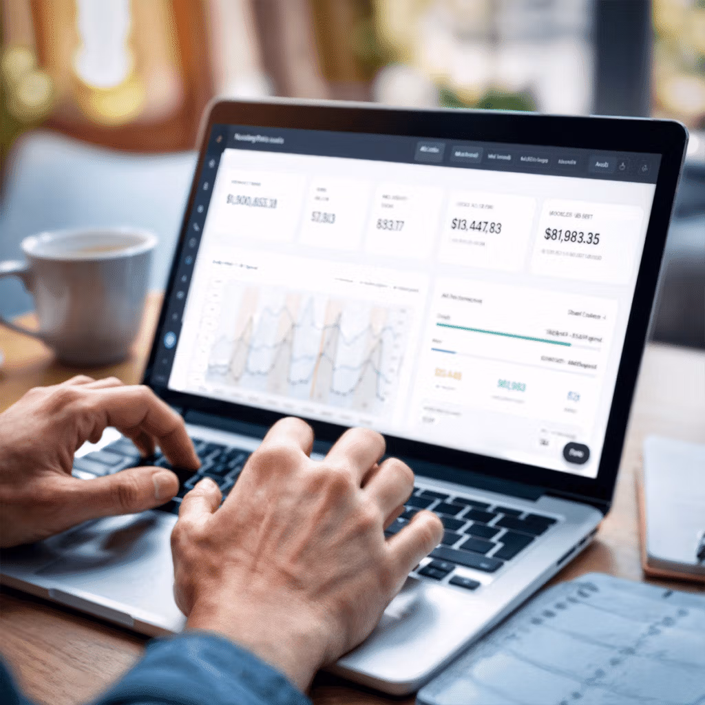 A man, typing on his laptop, is looking through the data tracking on his company.
