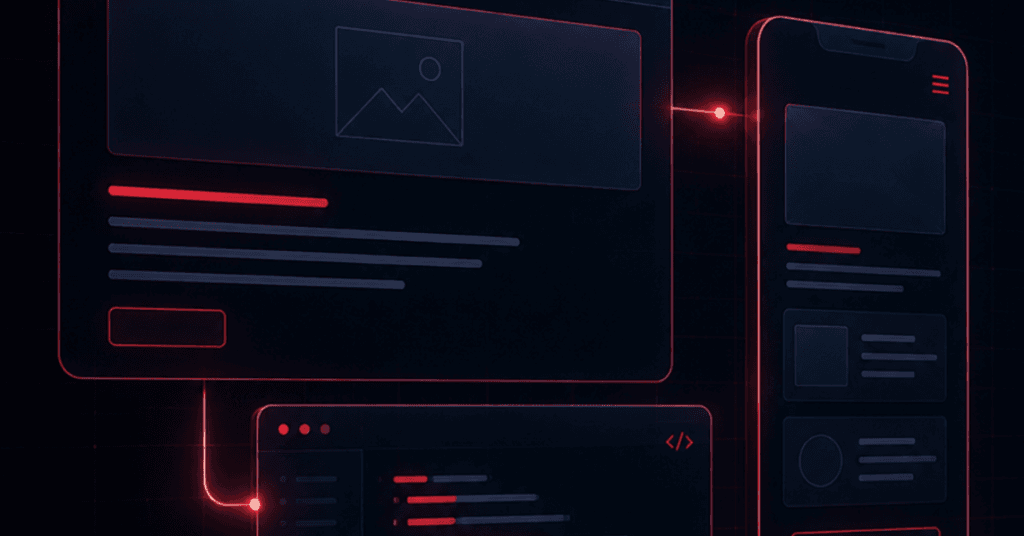 An image representing the underlying architecture your site must have to be optimized for AI search engines, featuring neon red illustrations of webpages on desktop and mobile and a backend coding system, all on a dark background.