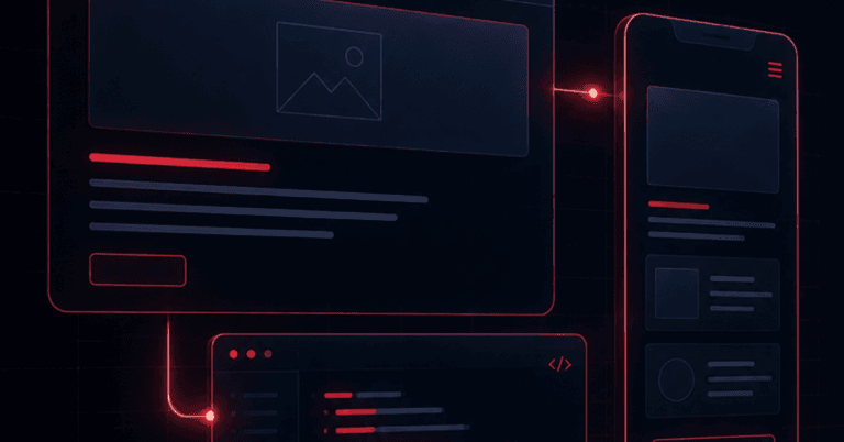 An image representing the underlying architecture your site must have to be optimized for AI search engines, featuring neon red illustrations of webpages on desktop and mobile and a backend coding system, all on a dark background.