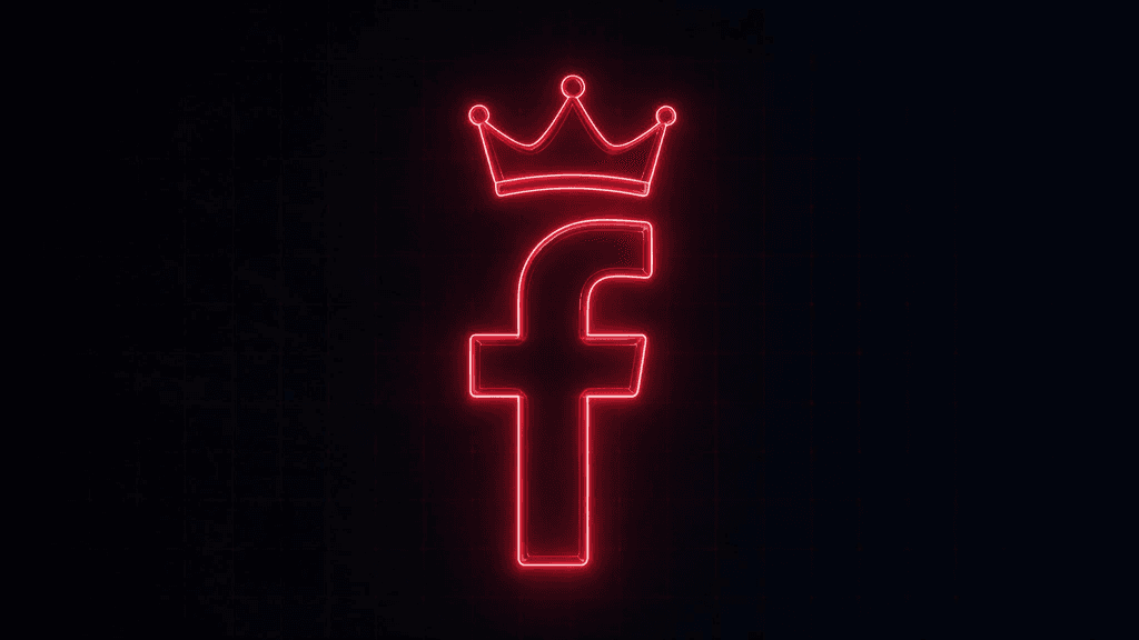 An illustration of a Facebook logo in glowing red font, with a crown hovering above, symbolizing the importance of Facebook in your Meta social strategy.