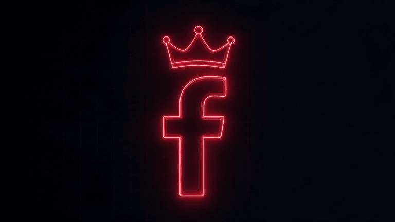 An illustration of a Facebook logo in glowing red font, with a crown hovering above, symbolizing the importance of Facebook in your Meta social strategy.