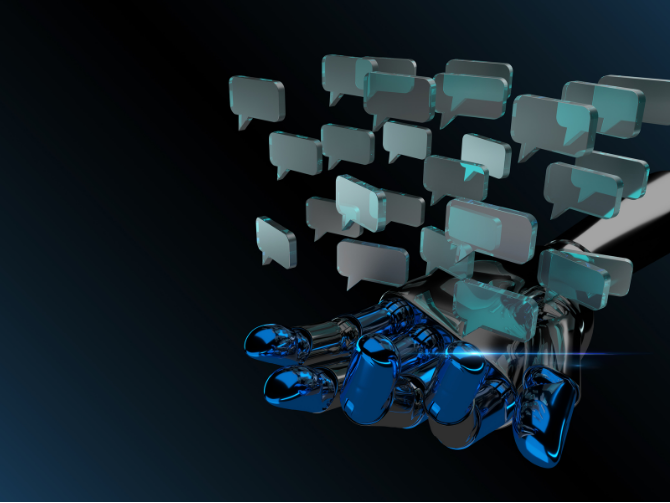 A robot hand with many message bubbles above it, representing all of the reddit bots that are trying to get AI mentions.