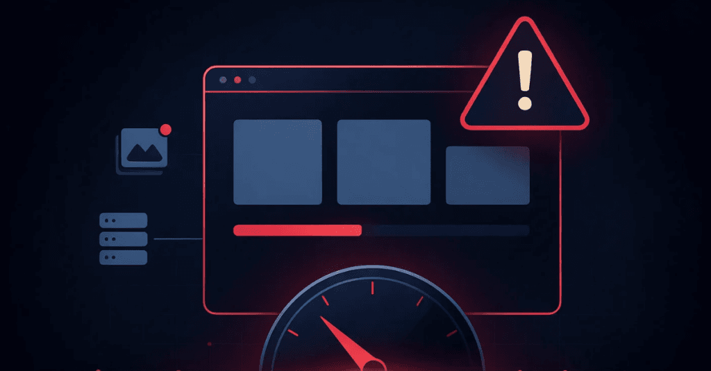 Illustration of a browser window with a loading bar about one-third full and a warning sign, representing the danger of slow websites and the need of a site speed optimization guide.