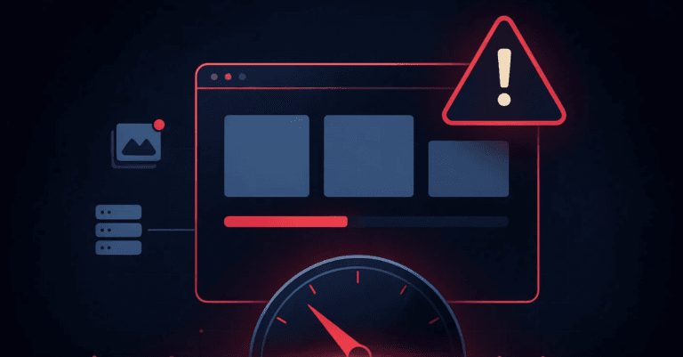 Illustration of a browser window with a loading bar about one-third full and a warning sign, representing the danger of slow websites and the need of a site speed optimization guide.