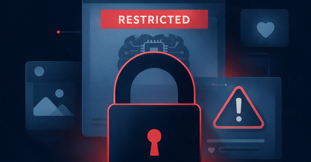 A red-outlined padlock over social post cards and a warning icon, referencing the new meta ai content labeling, linkedin ai slop policy, and reddit bot rules.