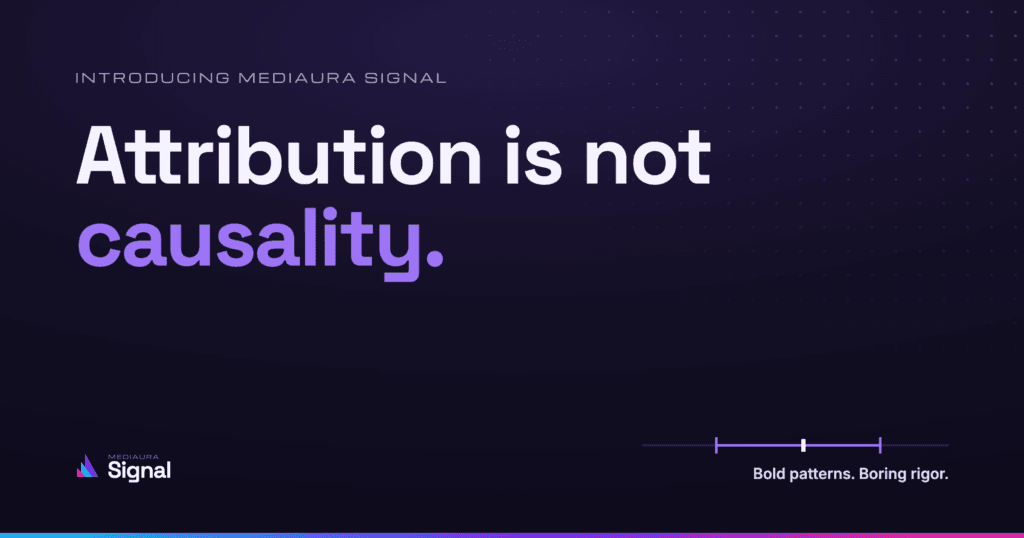 Mediaura Signal graphic reading “Attribution is not causality” with a confidence range marker, introducing Mediaura Signal as a causal measurement marketing system.