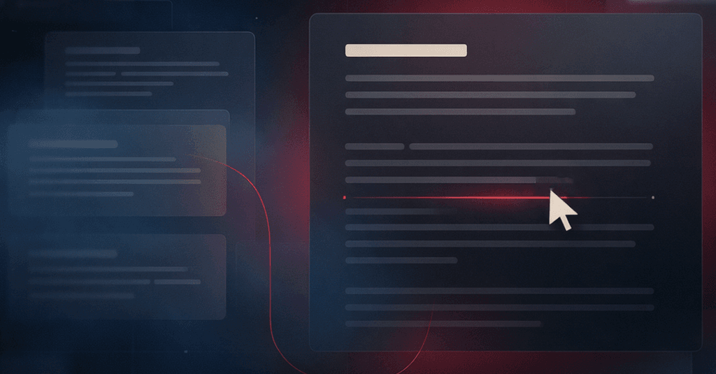 Faded AI design drafts are linked by a red line to a main document, where a cursor marks a human edit on a highlighted line, representing AI design vs human creativity.